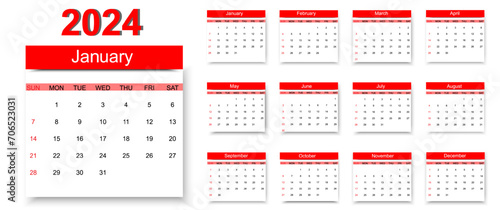 Year 2024 colorful calendar on white background. Vector template. Week starts on Sunday. Desktop planner in simple clean style. English vector calendar layout.