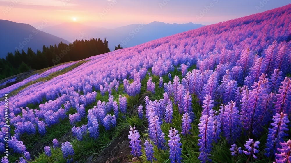 Naklejka premium Springtime Hyacinth Hillside Bliss - AI Generated