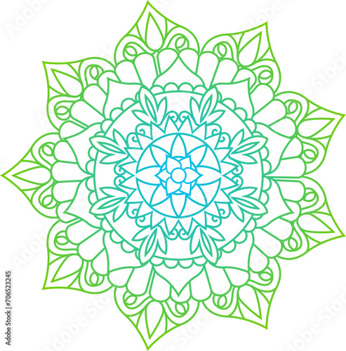 Green and blue gradient mandala design with intricate patterns. Symmetrical floral mandala art. Meditation and yoga vector illustration.