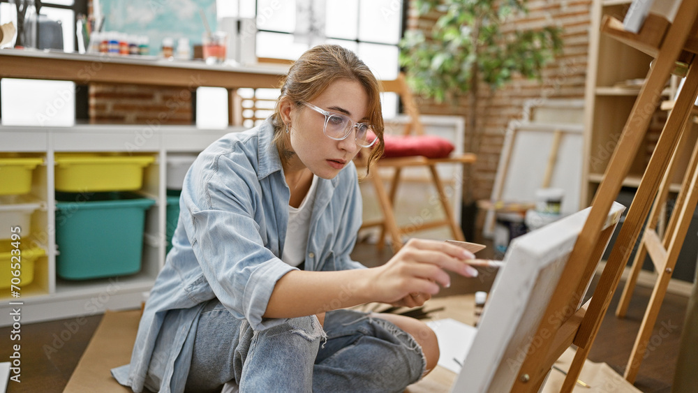 Young woman artist sitting on floor drawing at art studio Young woman artist sitting on floor drawing at art studio