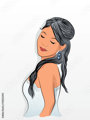 Illustrated portrait of young woman posing, colorful drawn lines style illustration