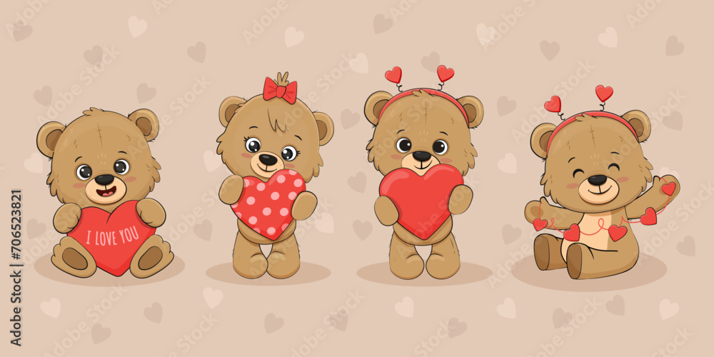 Fototapeta premium Cute cartoon teddy bear with heart for your design. Valentine's card. Mother's Day card. Vector illustration