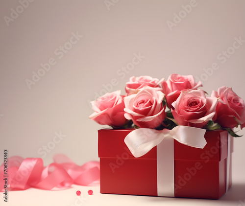 valentine's day concept red gift box white bow light pink rose light pink background, beautiful, romantic. © Viroj