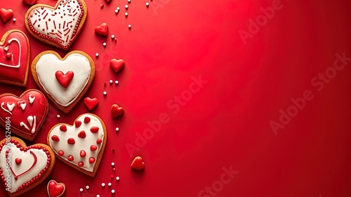 Valentines day background with heart shaped gingerbread cookies on red background, ai generative © Resi