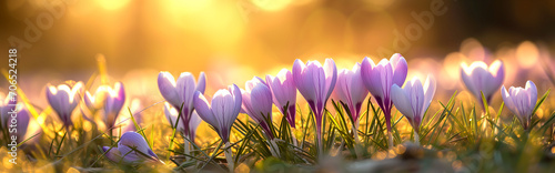 crocus flowers in sunset banner, copy space photo