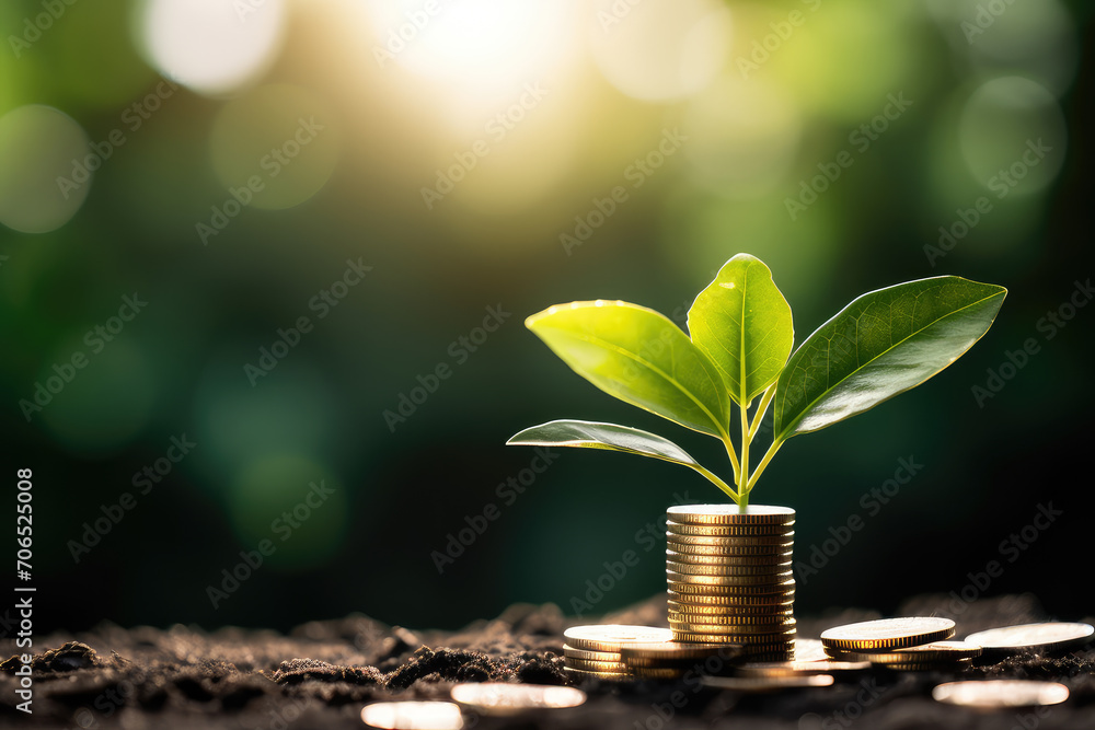 Financial growth and startup success, featuring a green plant sprouting from a stack of coins, ideal for economic concepts. - obrazy, fototapety, plakaty 