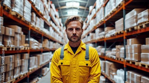 Portrait of a man standing in a big warehouse with shelves full of boxes.