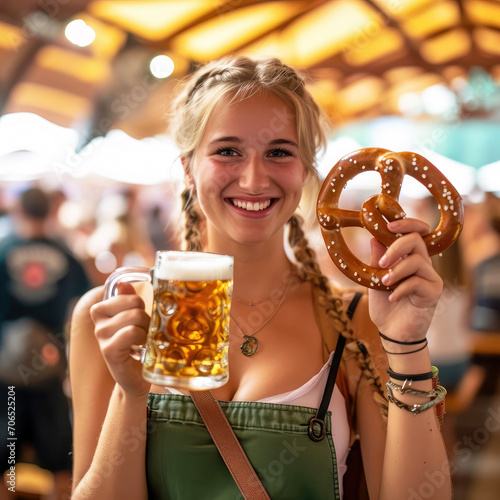 Young, woman in a dirndl holding a beer mug and a pretzel photo