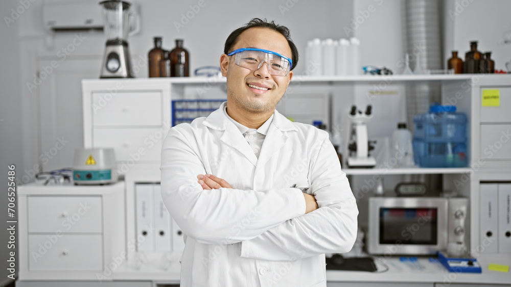 Smiling, confident young chinese man, a pro in science, at his lab station, standing with iconic arms crossed in the epicenter of research and medicine. Smiling, confident young chinese man, a pro in science, at his lab station, standing with iconic arms crossed in the epicenter of research and medicine.