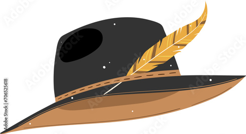 Vintage black hat with feather and ribbon vector illustration. Elegant headwear accessory for fashion design.