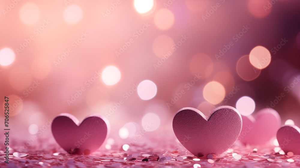 Romantic scene with pink hearts and glistening backdrop, creating a mood of love and warmth
