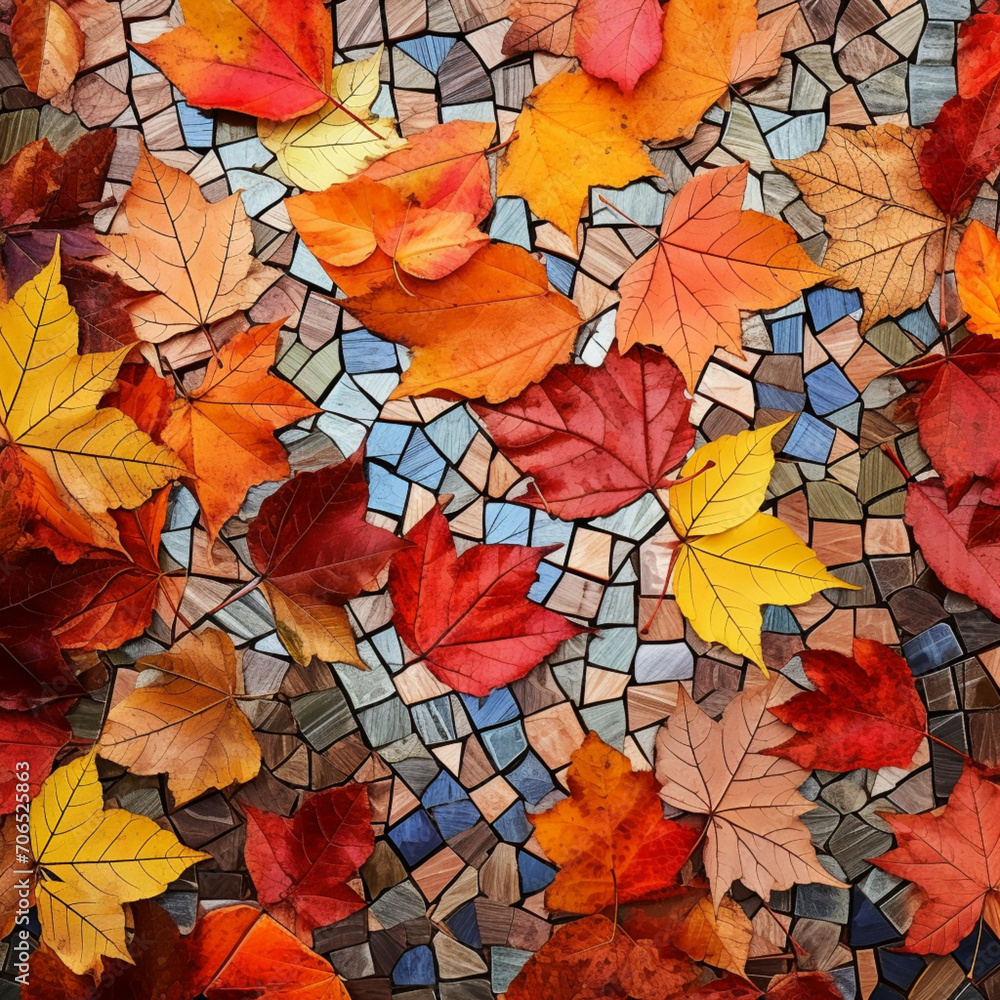 fondo con detalle de varias hojas de tonos anaranjados sobre mosaico de colores