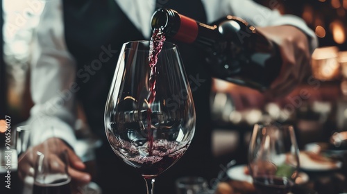 Male waiter pouring wine. Like a painter with a brush, the hand of a skilled waiter pours crimson liquid into a glass, setting the stage for a sensory masterpiece.