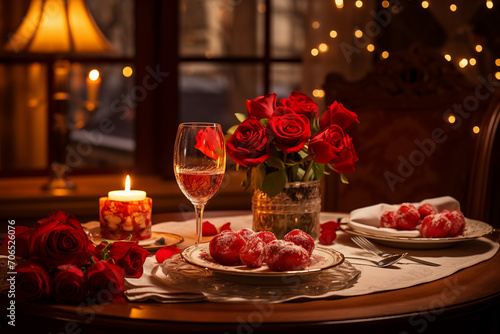 Romantic dinner ambiance with sparkling wine  lush bouquet of roses  and delicate candlelight. Valentine s Day dinner