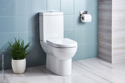 White toilet bowl in a minimalist modern bathroom. AI generated