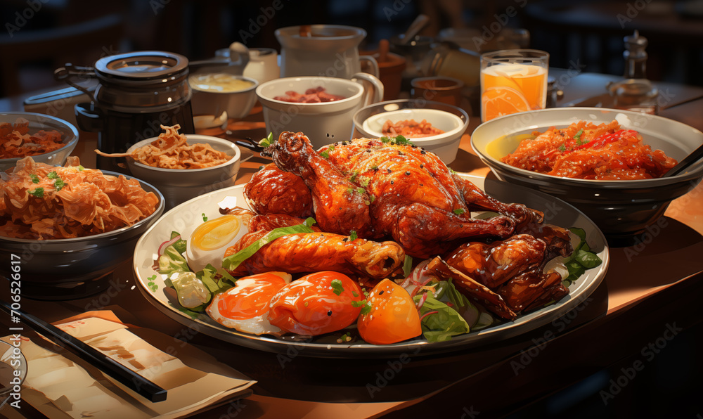 Japanese food on table in a restaurant, closeup of photo. Japanese food on table in a restaurant, closeup of photo.