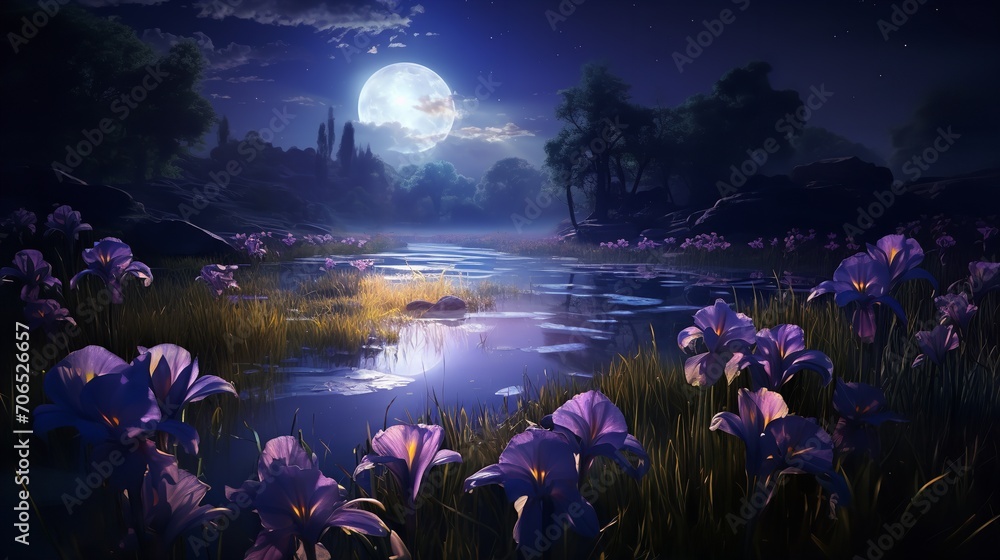 Fototapeta premium Moonlit Iris Field and Fireflies - AI Generated