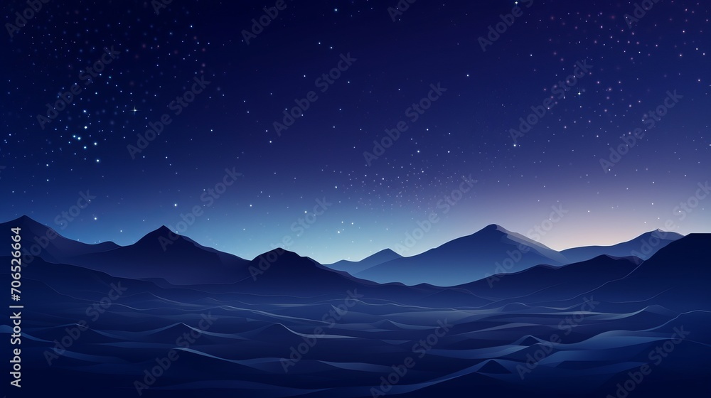 Serene night landscape: undulating sand dunes under a navy gradient starry sky in a remote desert wilderness