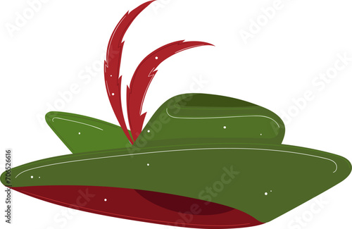 Red feather sticking out of a green hat. Classic Peter Pan hat with a red feather, accessory design vector illustration.