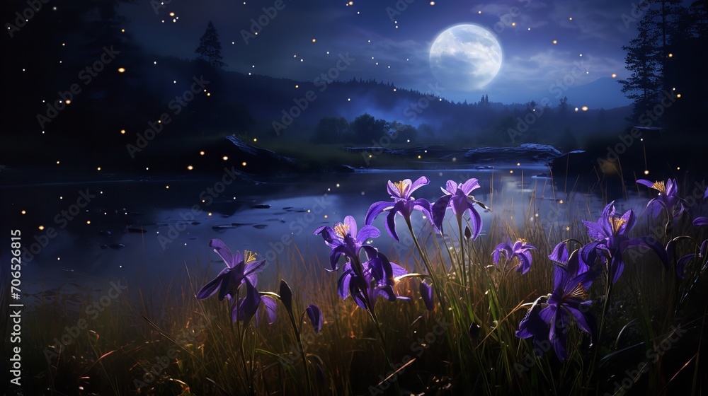 Moonlit Iris Field and Fireflies - AI Generated Moonlit Iris Field and Fireflies - AI Generated