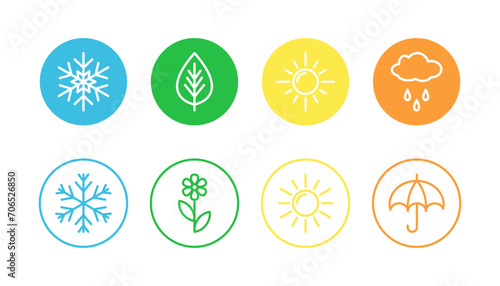 Change of seasons and weather colored round icons set