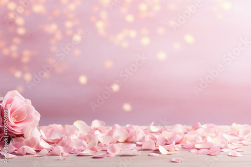 Beautiful pink rose petals on wooden table  on light background.