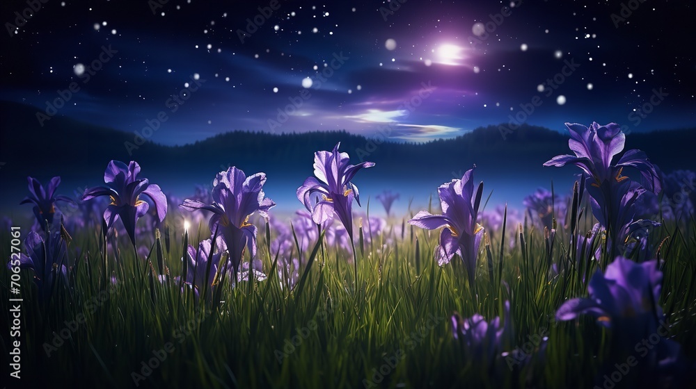 Moonlit Iris Field and Fireflies - AI Generated Moonlit Iris Field and Fireflies - AI Generated