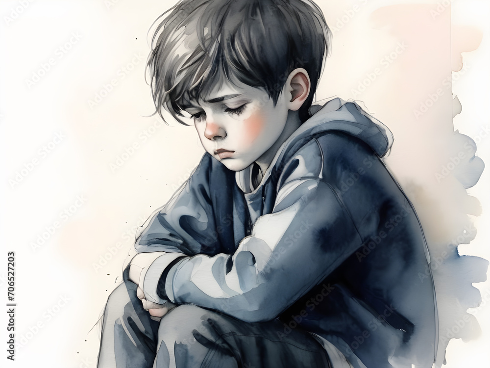 A boy with a sad expression on his face. Digital painting. watercolor A boy with a sad expression on his face. Digital painting. watercolor