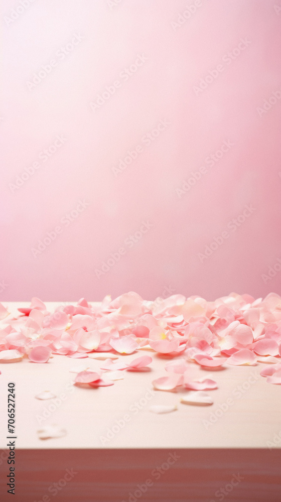 Pink rose petals on a wooden table and pink background. Pink rose petals on a wooden table and pink background.