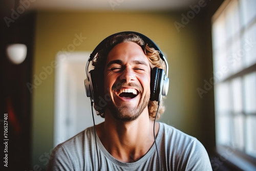 Happy handsome man listening to music wearing headphones at home