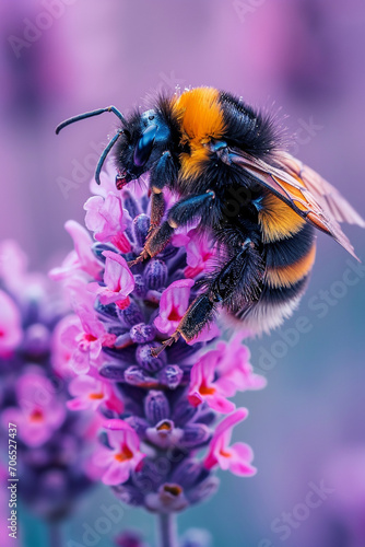 An image of a happy pastel bumblebee, buzzing around a garden.