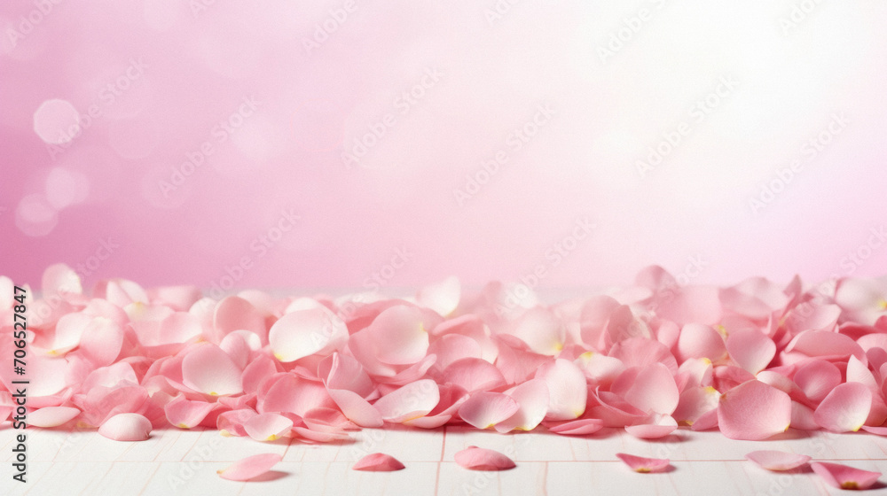 Pink rose petals on white wood table with bokeh background.