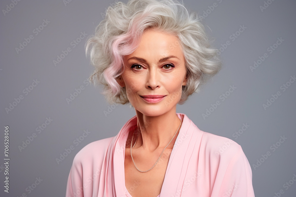 Beautiful woman 50 years old closeup with short haircut and gray hair on blue background, portrait