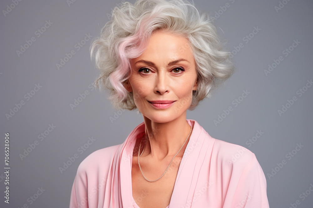 Beautiful woman 50 years old closeup with short haircut and gray hair on blue background, portrait Beautiful woman 50 years old closeup with short haircut and gray hair on blue background, portrait