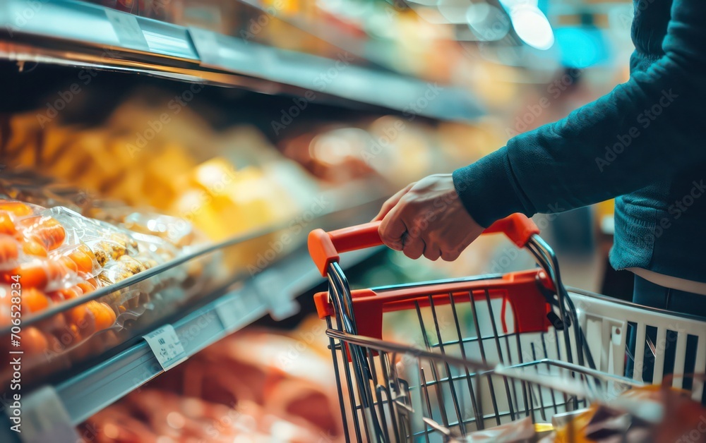 A man's hand firmly grips a shopping cart as he navigates through a supermarket. The shelves are filled with an abstract blur of organic fresh meat and cheese, creating an alluring display.
