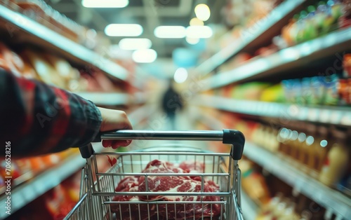 A man's hand firmly grips a shopping cart as he navigates through a supermarket. The shelves are filled with an abstract blur of organic fresh meat and cheese, creating an alluring display.