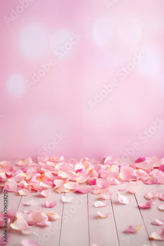 Rose petals on white wooden table with bokeh background.