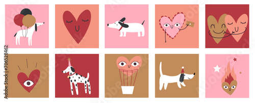 Valentine's day pink cute dog puppy love geometric pattern vector with romantic decorative elements for party, invitation, postcard design