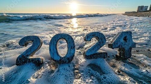 Text 2024 on the beach at sunset.