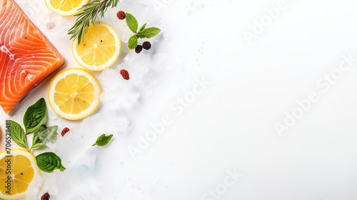 Top view of Raw salmon fillet, lemon, herbs, pepper, ice on white background with copy space. Healthy diet concept, restaurant seafood cuisine design.