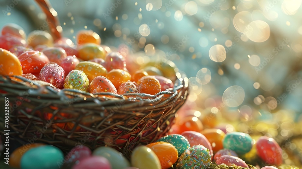 Naklejka premium Basket with easter eggs and spring flowers on background 