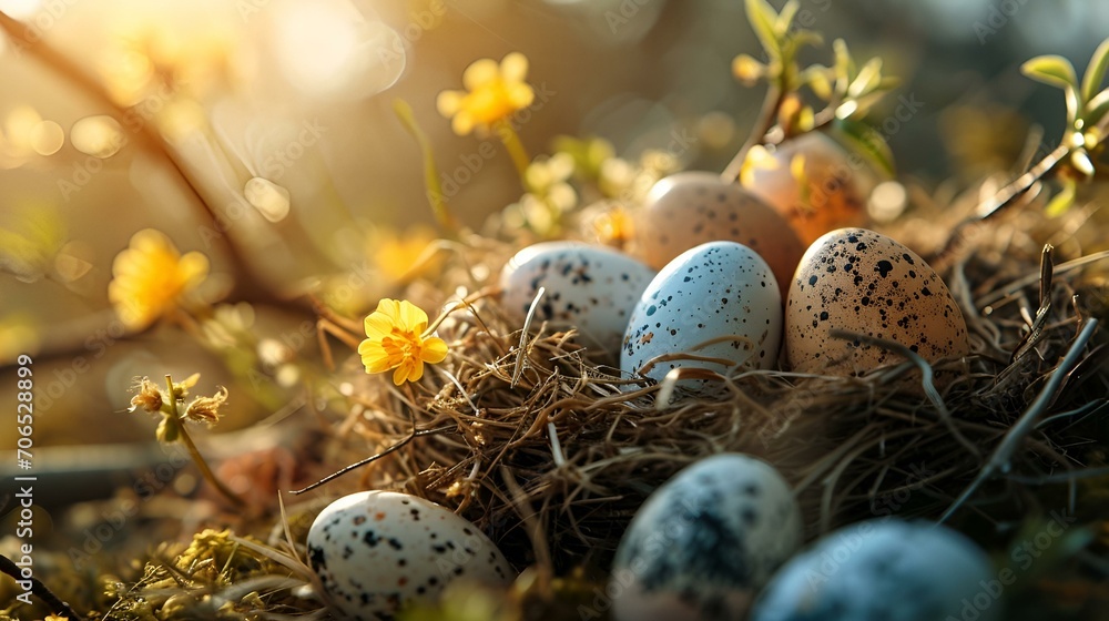 colorful easter eggs in a nest on a wooden table
