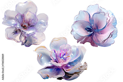 holographic abstract flower in blue and pink colors. Beautiful glass flower. 3D illustration of a flower made of crystal glass. transparent background