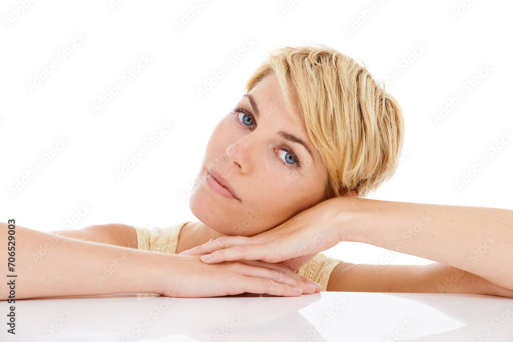 Woman, portrait and relax with natural beauty isolated on a white studio background. Face of calm young female person, model or blonde resting head on hands in confidence with hair on mockup space Woman, portrait and relax with natural beauty isolated on a white studio background. Face of calm young female person, model or blonde resting head on hands in confidence with hair on mockup space
