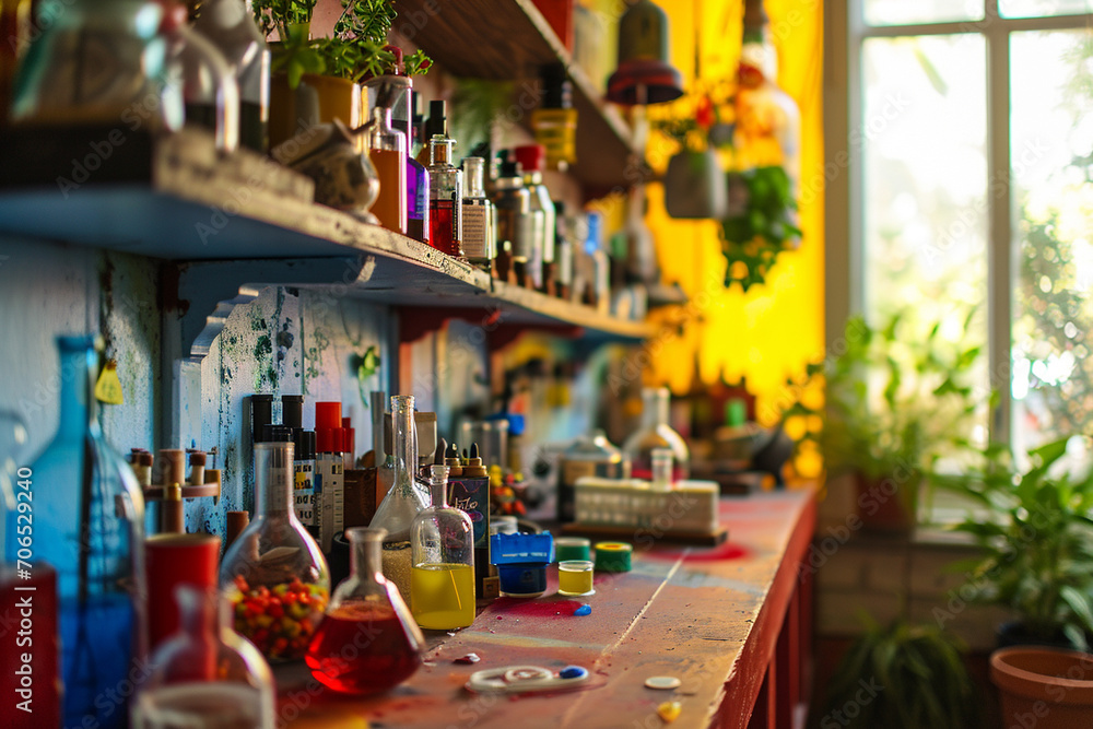 A corner of a playroom set up as a mini science lab, with child-friendly experiments and equipment A corner of a playroom set up as a mini science lab, with child-friendly experiments and equipment