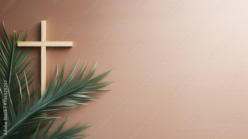 White cross gracefully placed beside a palm leaf on a soft brown background, echoing the spirit of Palm Sunday. - obrazy, fototapety, plakaty 