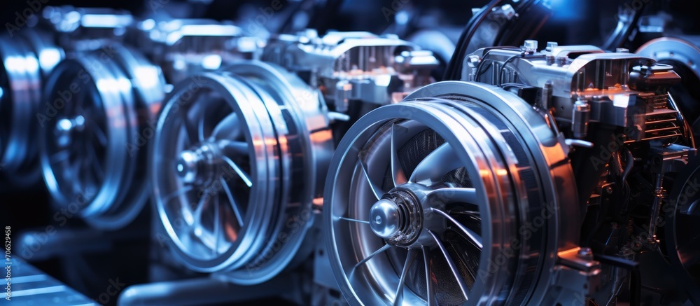 Fototapeta premium Innovative silver jet engine design with multiple fans and wires in development in a research lab.