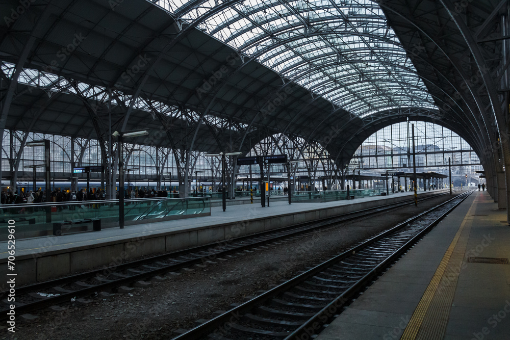 Main railway station in Prague on a winter evenign in december. It's the main complex wheretrains arrive and leave Main railway station in Prague on a winter evenign in december. It's the main complex wheretrains arrive and leave