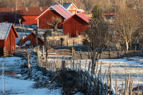 View over the Swedish village of Bjälebo in Småland in Sweden at Christmas 2023. Peaceful, wintry idyll in rural Sweden