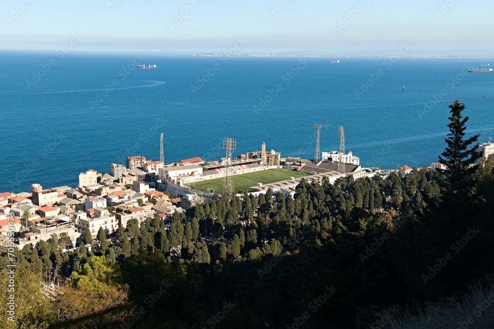 View of the Qae el Sour football stadium and the Mediterranean Sea in Algiers, the capital of Algeria. Africa.